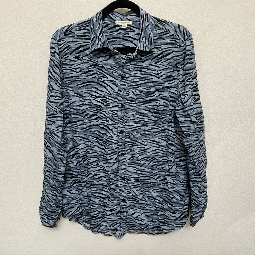 Beachlunchlounge Blue Zebra Print Button Down Blouse Size Large Spring Light